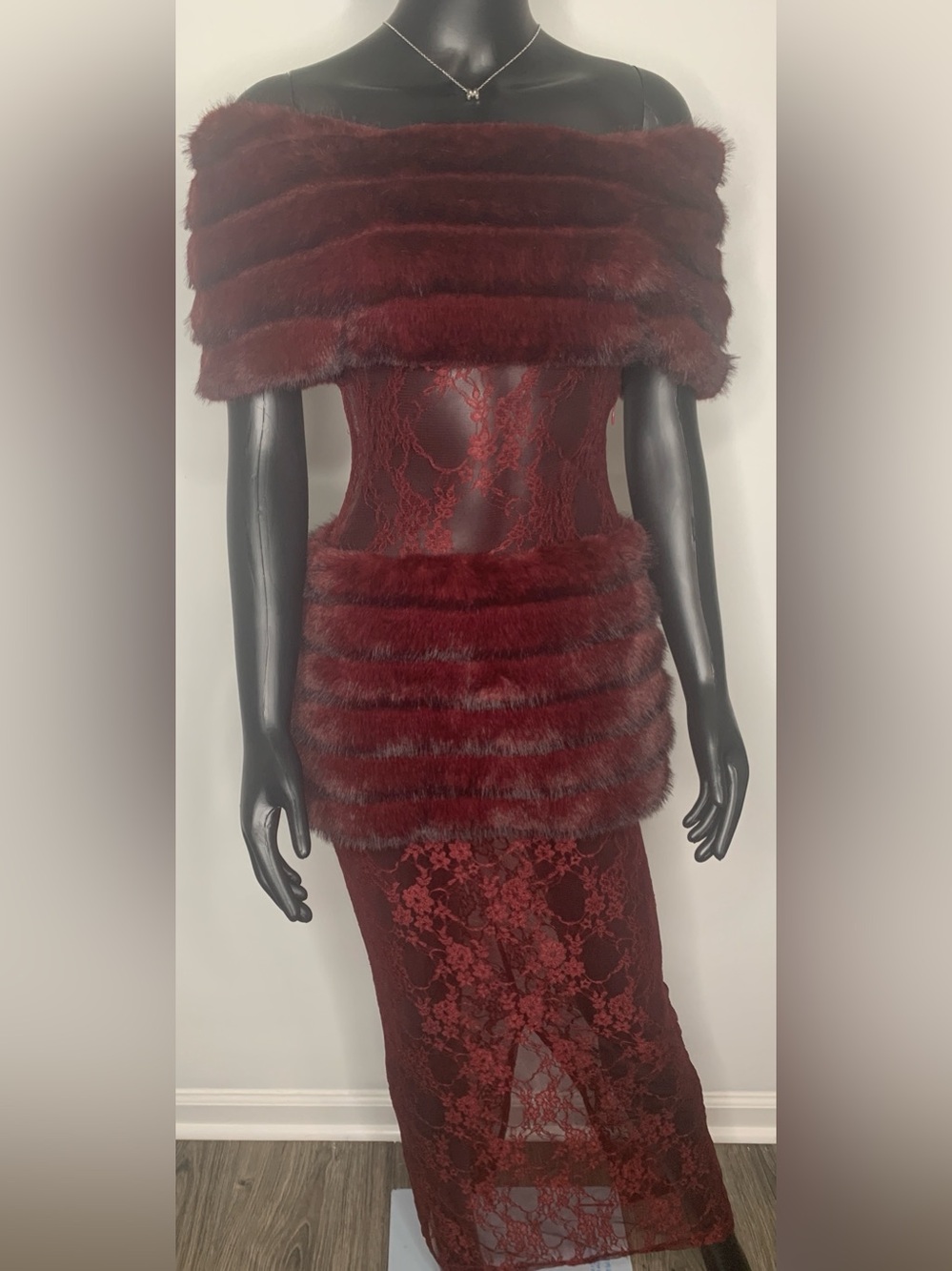 Fashion Nova Burgundy Strapless Lace & Faux Fur Off-Shoulder Dress